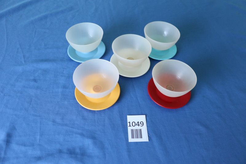 Set aus fünf Plastikschalen mit Untertellern